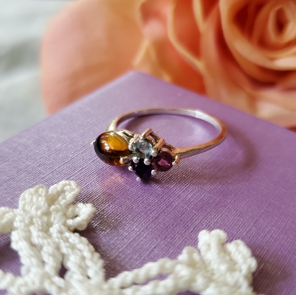 Natural Multi Tourmaline, Garnet, Amethyst & Topaz 925 Silver Ring Sz 6.75 J-474 - Picture 2 of 10